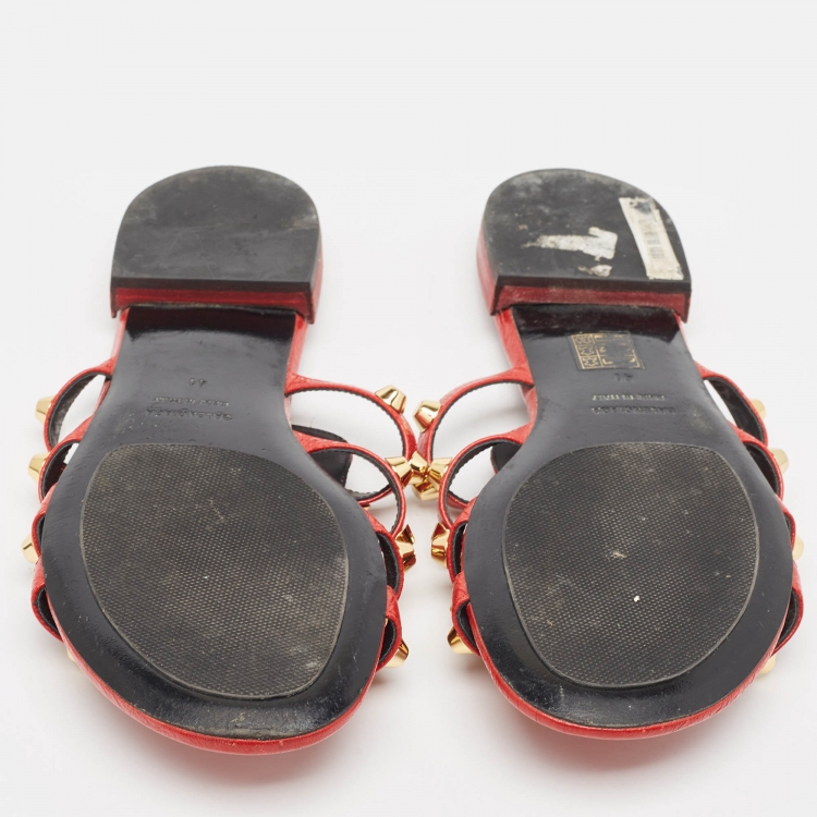 Pre Owned Balenciaga Red Leather Studded Arena Flat Slides Size 41