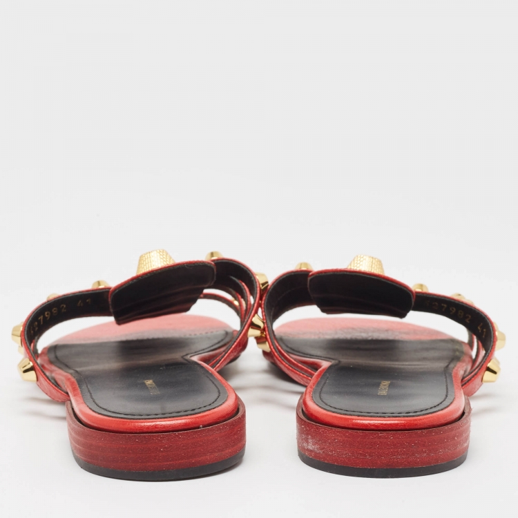 Pre Owned Balenciaga Red Leather Studded Arena Flat Slides Size 41