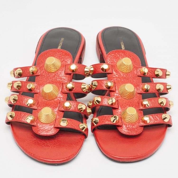 Pre Owned Balenciaga Red Leather Studded Arena Flat Slides Size 41