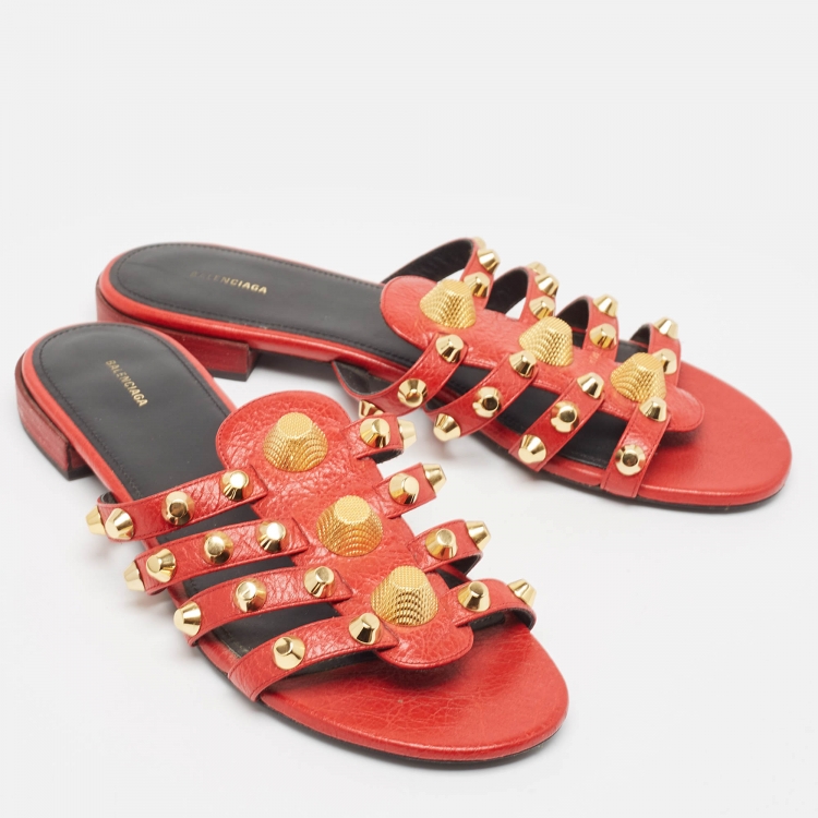 Pre Owned Balenciaga Red Leather Studded Arena Flat Slides Size 41