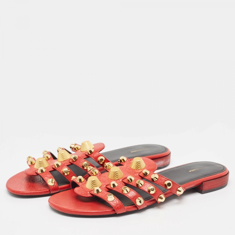 Pre Owned Balenciaga Red Leather Studded Arena Flat Slides Size 41