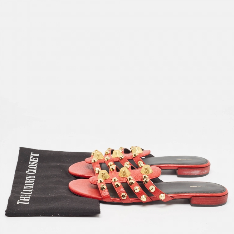 Pre Owned Balenciaga Red Leather Studded Arena Flat Slides Size 41