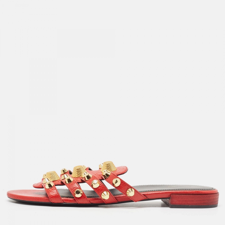 Pre Owned Balenciaga Red Leather Studded Arena Flat Slides Size 41