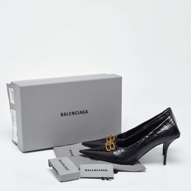 مملوكة مسبقًا Balenciaga Black Croc Embossed Leather Knife Pointed Toe Pumps Size 40