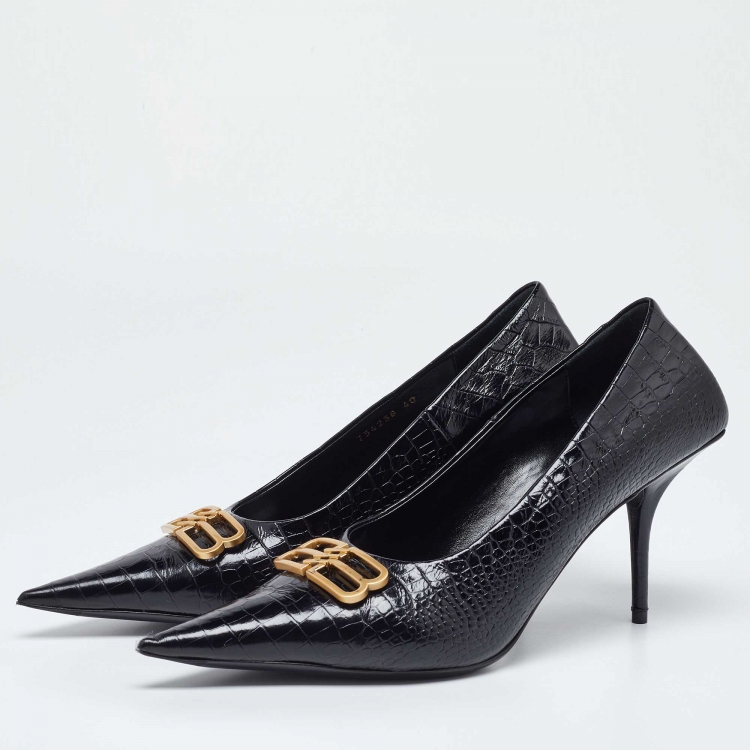 مملوكة مسبقًا Balenciaga Black Croc Embossed Leather Knife Pointed Toe Pumps Size 40