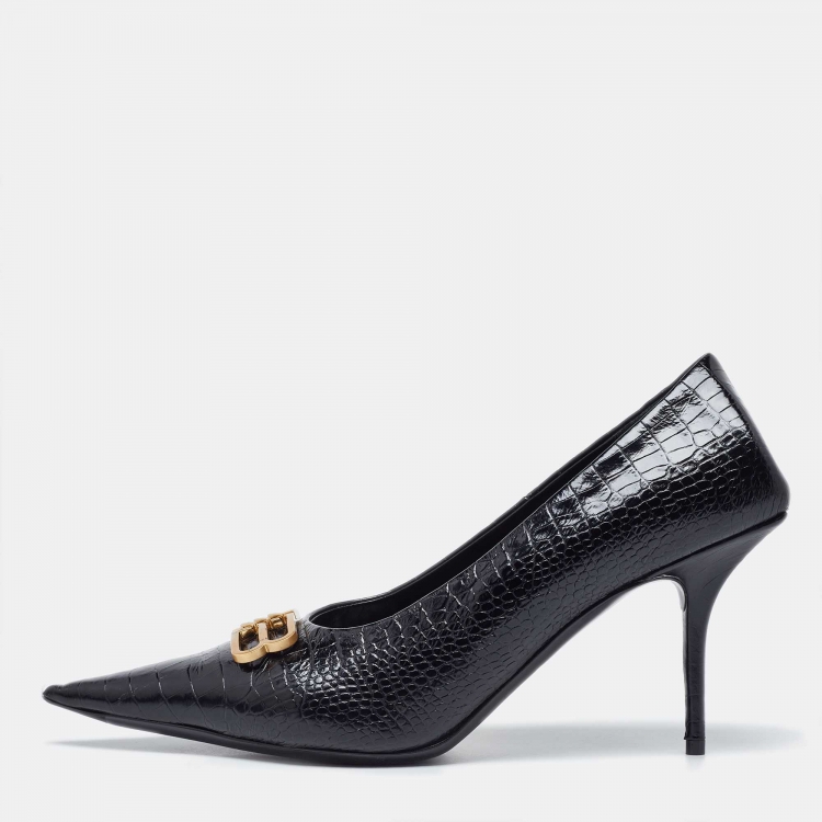 مملوكة مسبقًا Balenciaga Black Croc Embossed Leather Knife Pointed Toe Pumps Size 40