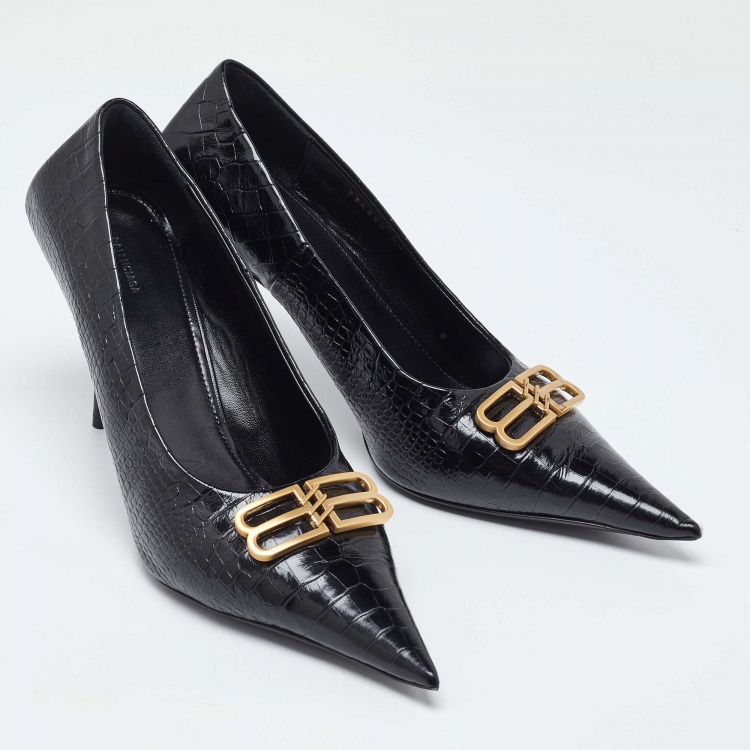 مملوكة مسبقًا Balenciaga Black Croc Embossed Leather Knife Pointed Toe Pumps Size 40