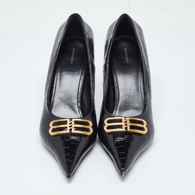 مملوكة مسبقًا Balenciaga Black Croc Embossed Leather Knife Pointed Toe Pumps Size 40