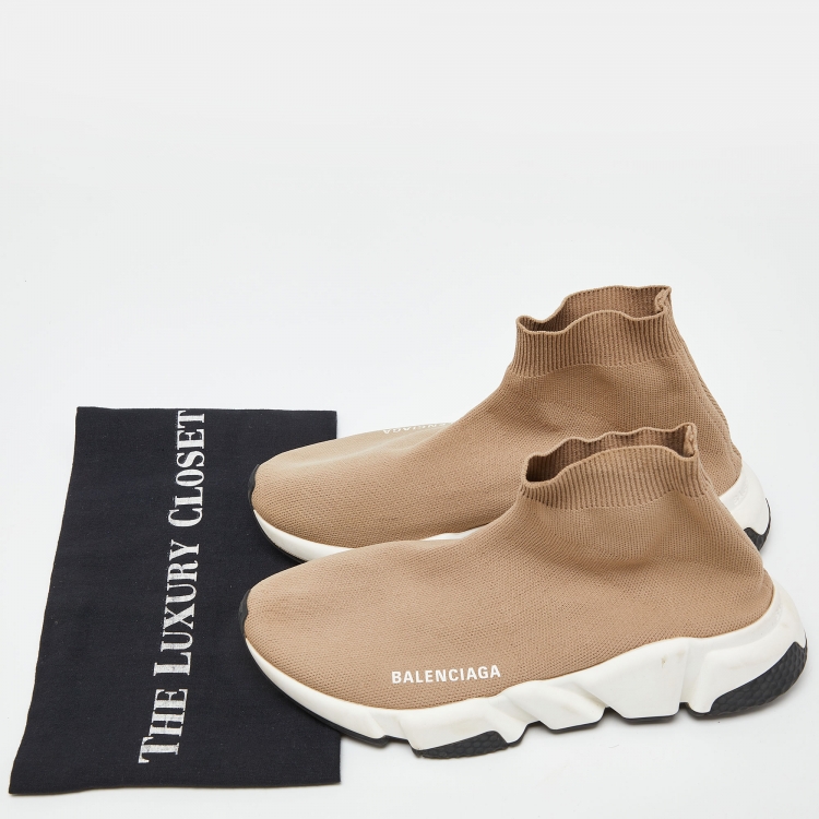 Pre Owned Balenciaga Beige Knit Fabric Speed Trainer High-Top Sneakers Size 38