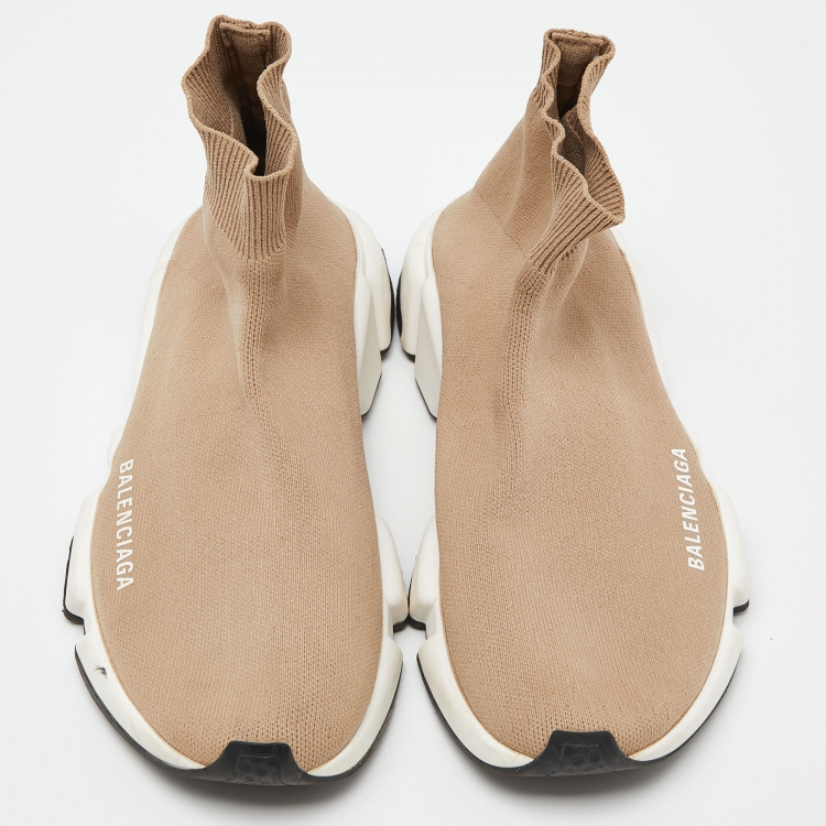 Pre Owned Balenciaga Beige Knit Fabric Speed Trainer High-Top Sneakers Size 38