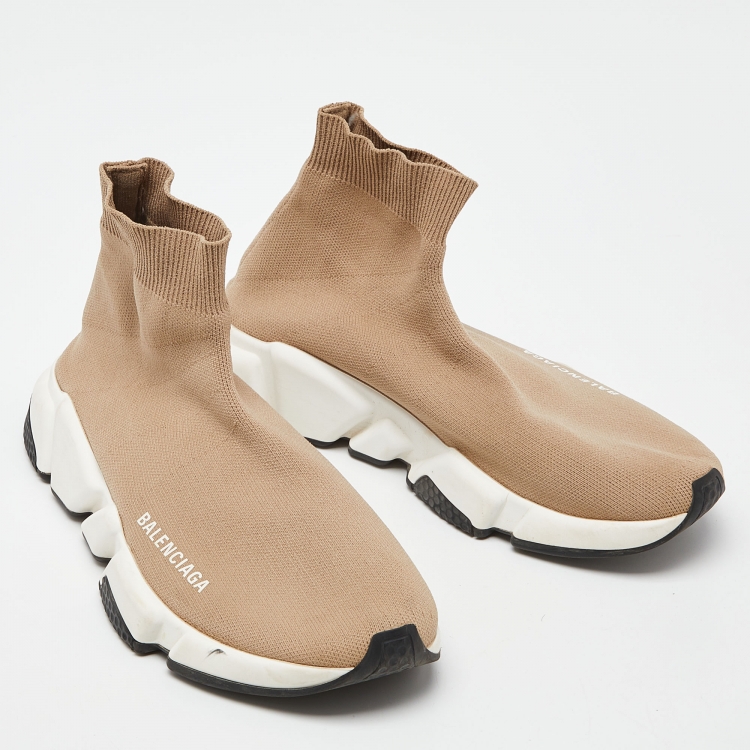Pre Owned Balenciaga Beige Knit Fabric Speed Trainer High-Top Sneakers Size 38