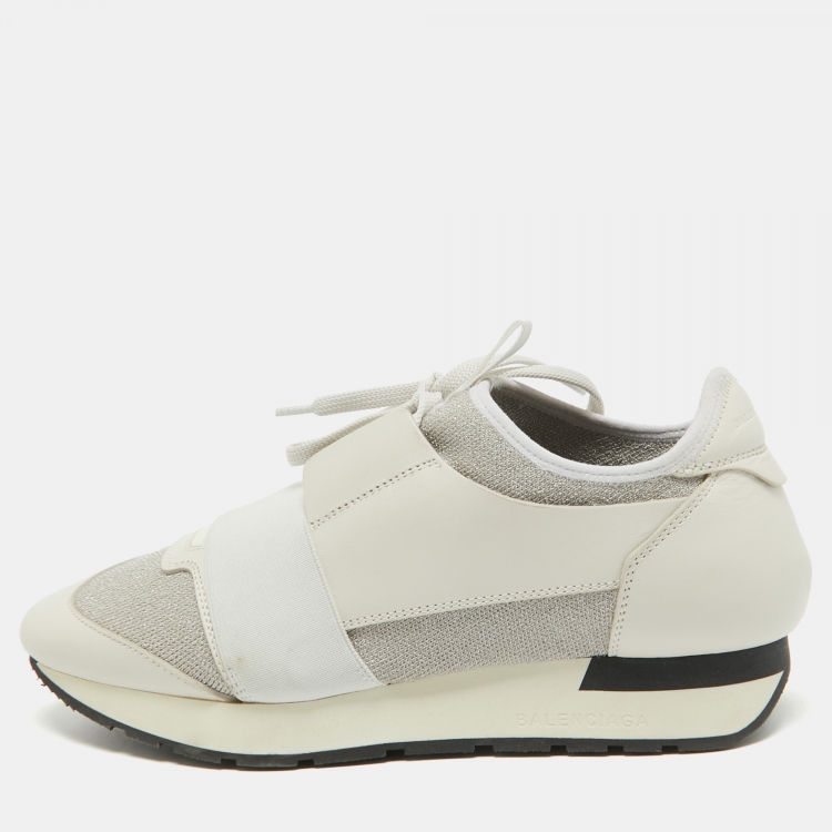 Pre Owned Balenciaga White/Silver Leather and Knit Fabric Race Runner Sneakers Size 38