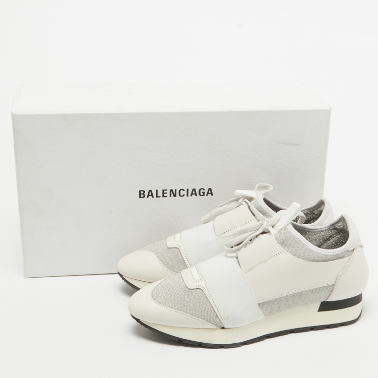 Pre Owned Balenciaga White/Silver Leather and Knit Fabric Race Runner Sneakers Size 38