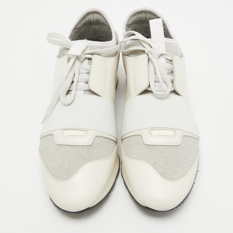 Pre Owned Balenciaga White/Silver Leather and Knit Fabric Race Runner Sneakers Size 38