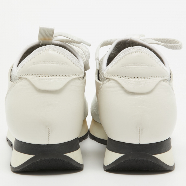 Pre Owned Balenciaga White/Silver Leather and Knit Fabric Race Runner Sneakers Size 38