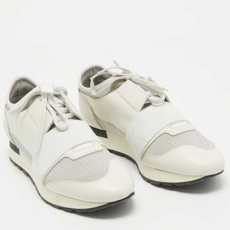 Pre Owned Balenciaga White/Silver Leather and Knit Fabric Race Runner Sneakers Size 38