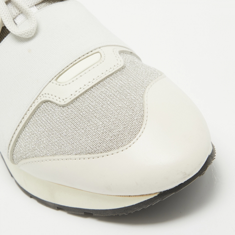 Pre Owned Balenciaga White/Silver Leather and Knit Fabric Race Runner Sneakers Size 38