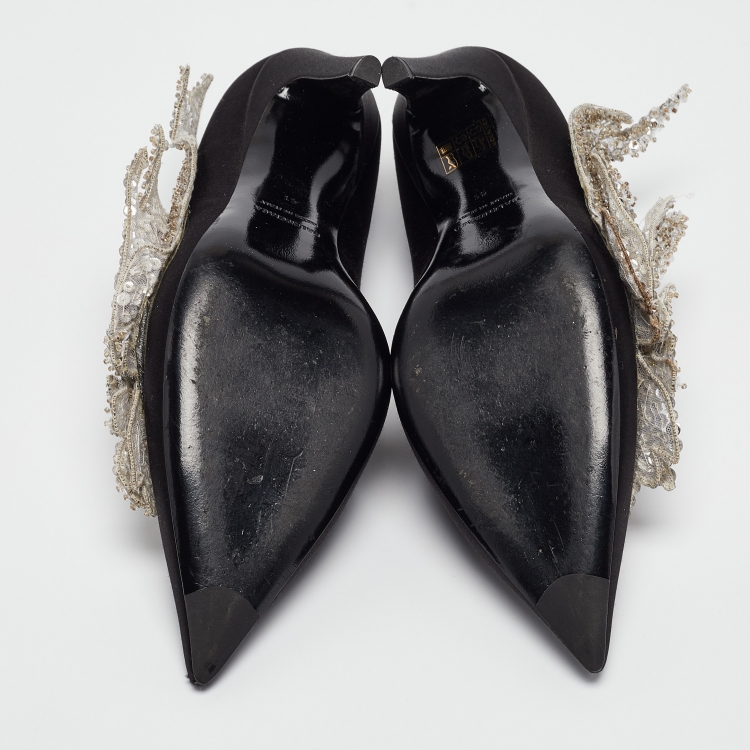 Pre Owned Balenciaga Black Satin Sequins Embellished Talon Slash Pumps Size 41