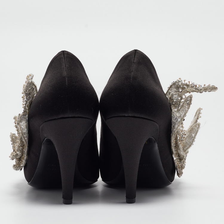 Pre Owned Balenciaga Black Satin Sequins Embellished Talon Slash Pumps Size 41