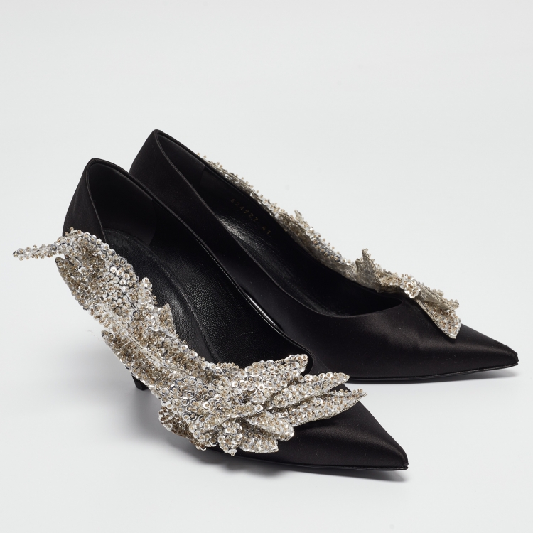 Pre Owned Balenciaga Black Satin Sequins Embellished Talon Slash Pumps Size 41