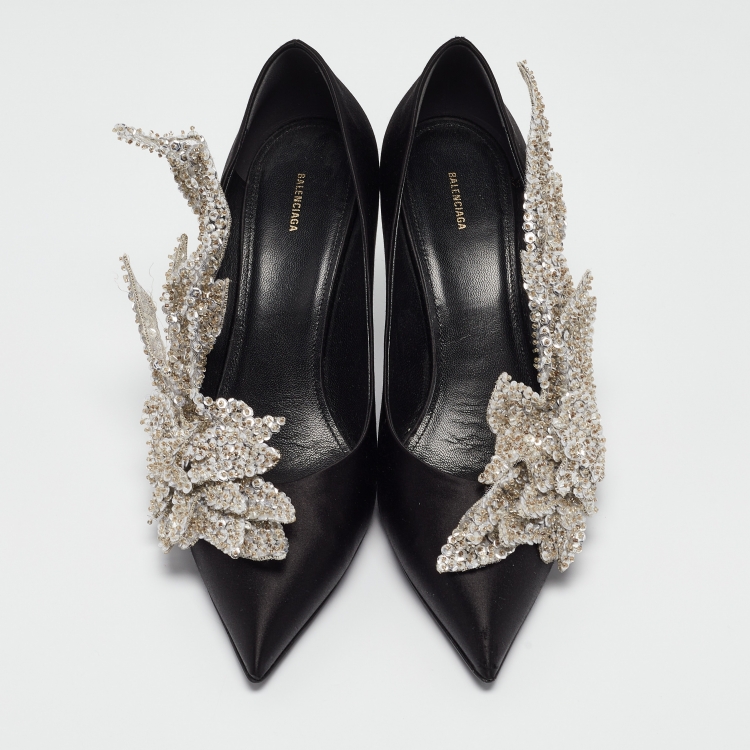 Pre Owned Balenciaga Black Satin Sequins Embellished Talon Slash Pumps Size 41