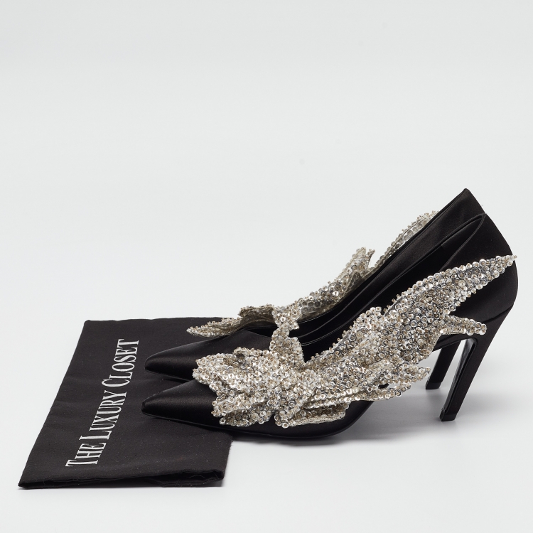 Pre Owned Balenciaga Black Satin Sequins Embellished Talon Slash Pumps Size 41