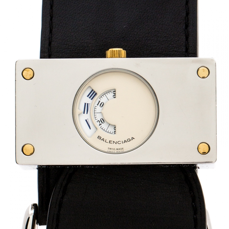 Pre Owned Balenciaga Cream Stainless Steel Leather Limited Edition Rectangular Women's Wristwatch 45 mm