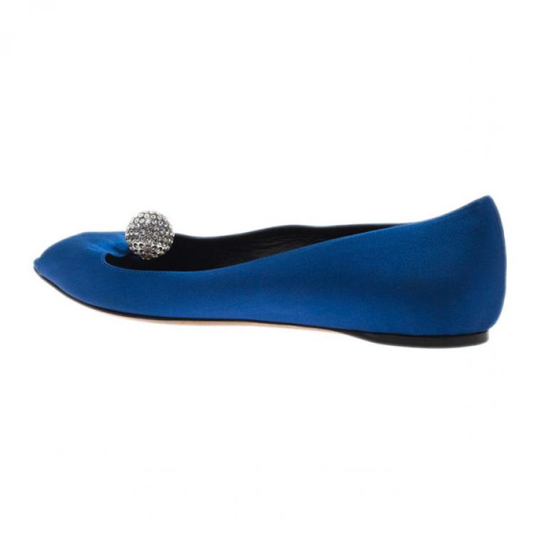 Pre Owned Dior Blue Satin Embellished Ballet Flats Size 39