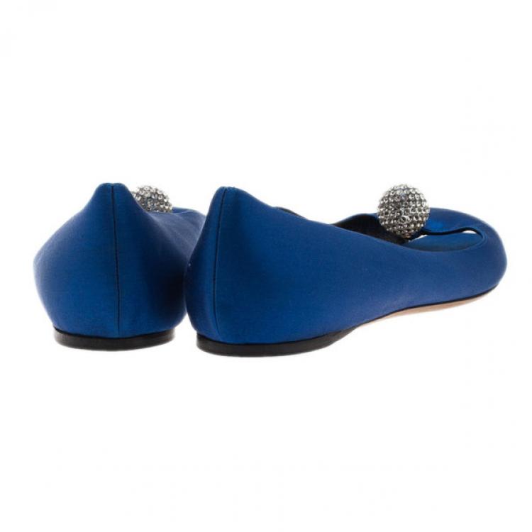 Pre Owned Dior Blue Satin Embellished Ballet Flats Size 39