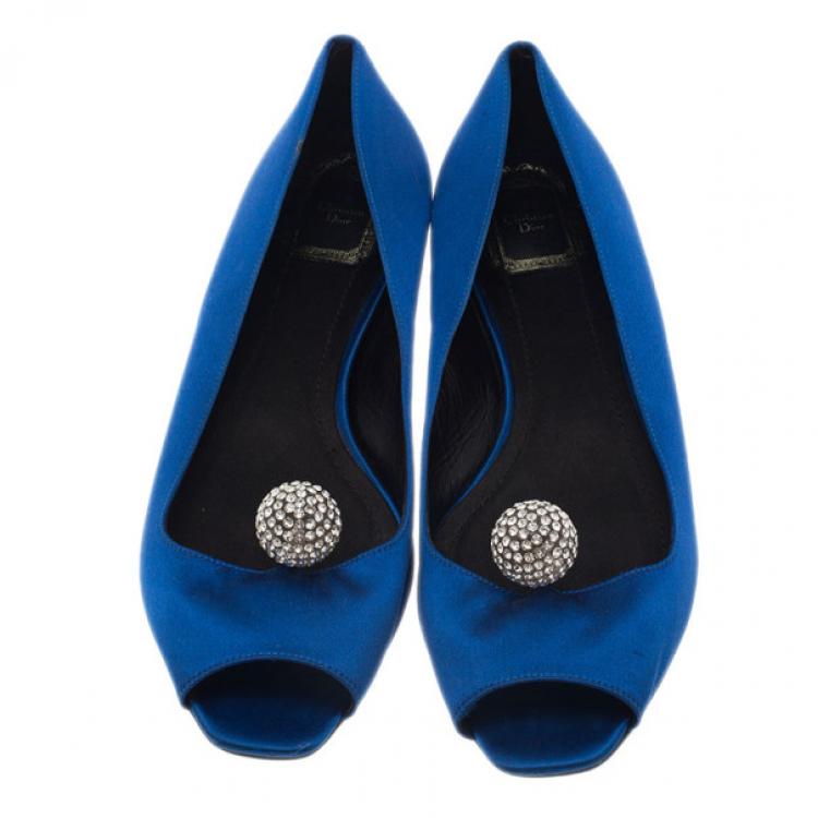 Pre Owned Dior Blue Satin Embellished Ballet Flats Size 39