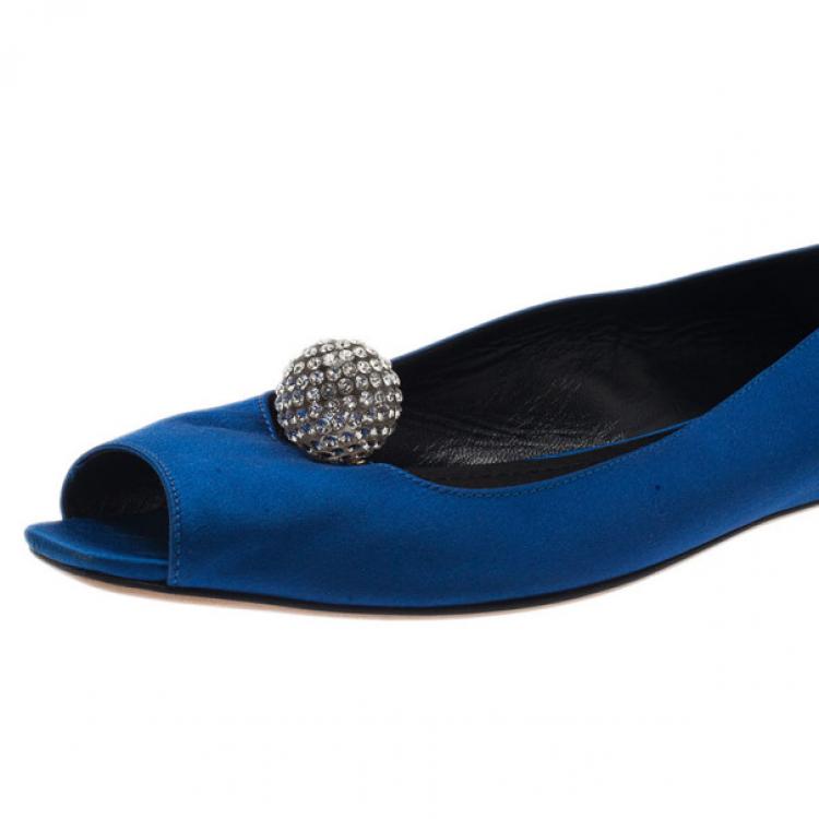 Pre Owned Dior Blue Satin Embellished Ballet Flats Size 39