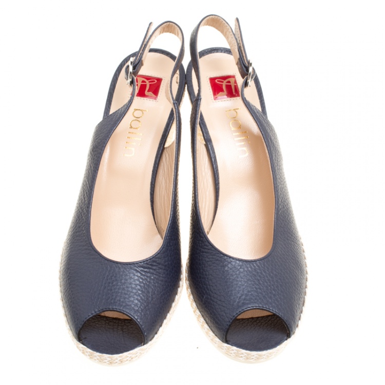 Pre Owned Ballin Oxford Blue Leather Braid Detail Wedge Peep Toe Slingback Sandals Size 39