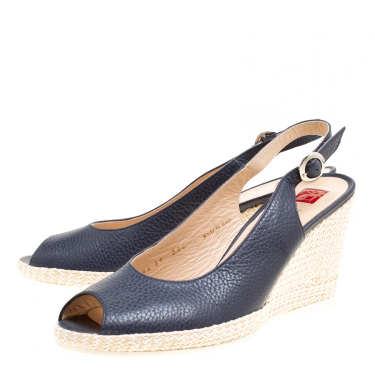 Pre Owned Ballin Oxford Blue Leather Braid Detail Wedge Peep Toe Slingback Sandals Size 39