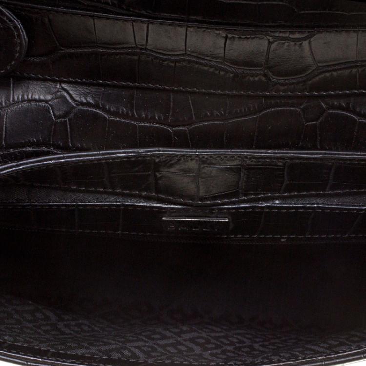 Pre Owned Bally Black Croc Embossed Leather Flap Shoulder Bag