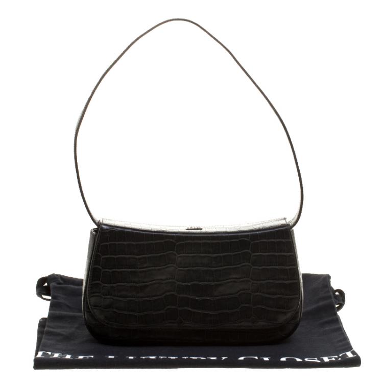 Pre Owned Bally Black Croc Embossed Leather Flap Shoulder Bag