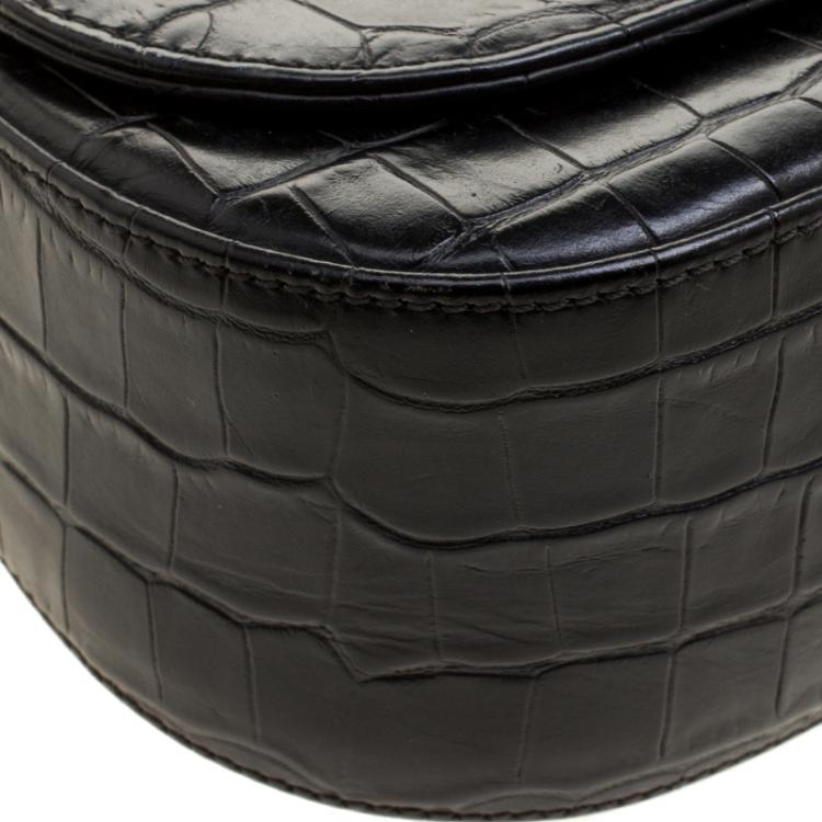 Pre Owned Bally Black Croc Embossed Leather Flap Shoulder Bag