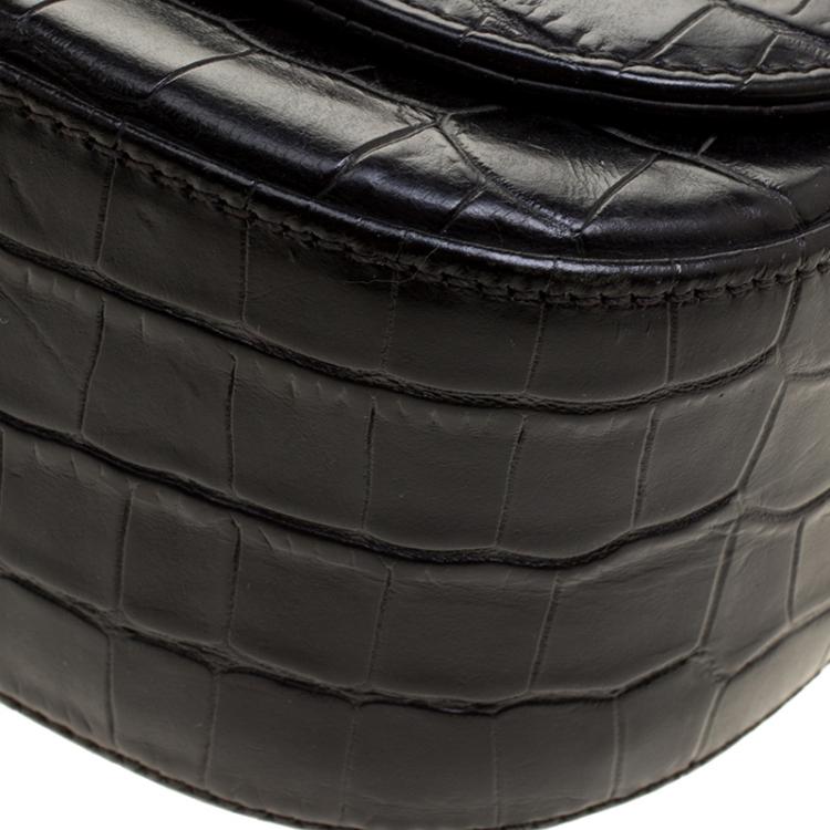 Pre Owned Bally Black Croc Embossed Leather Flap Shoulder Bag
