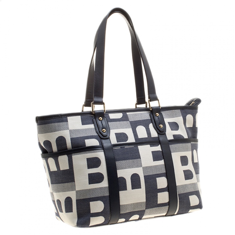 Pre Owned Bally Navy Blue Canvas B Print Shopper Tote