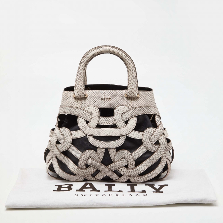 Pre Owned Bally Ivory/Black Snakeskin Embossed Leather Papillon Tote