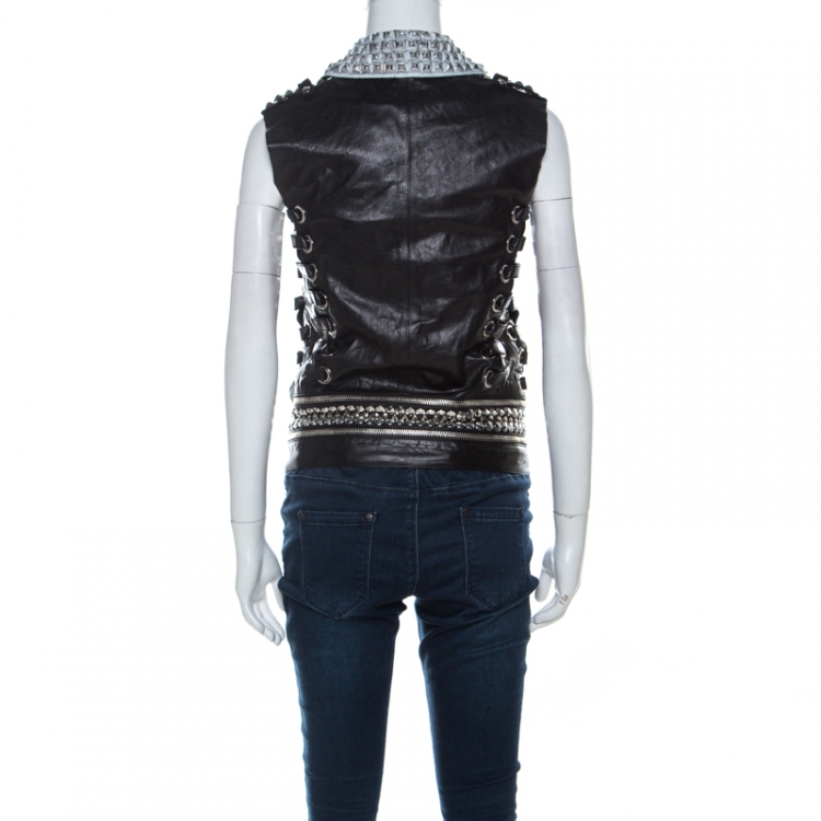 Pre Owned Balmain Black Leather Painted Collar & Studded Detail Gilet S 