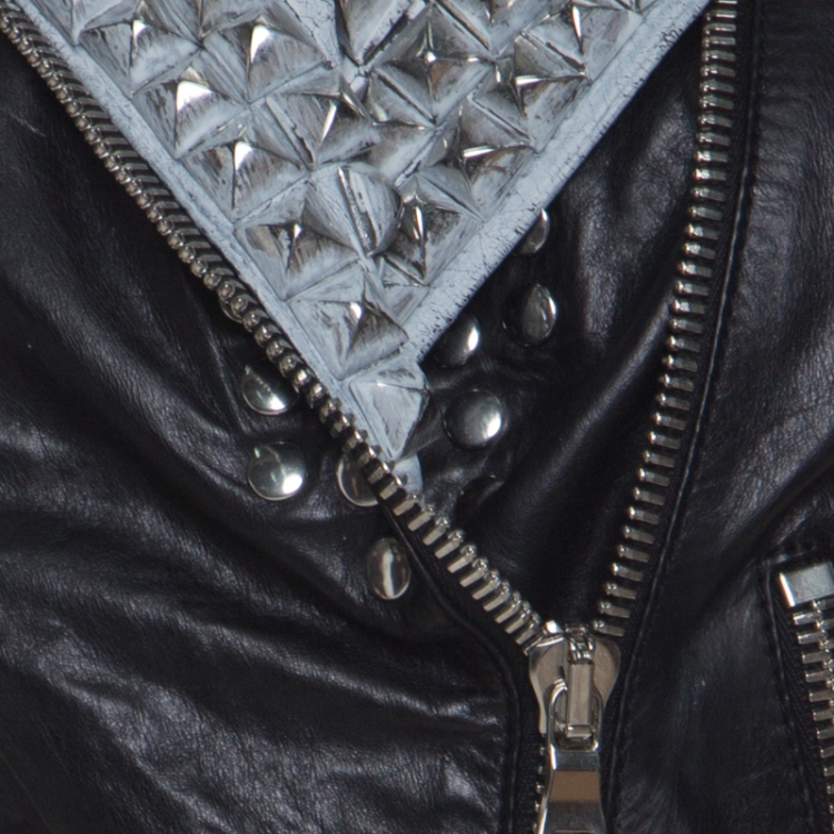 Pre Owned Balmain Black Leather Painted Collar & Studded Detail Gilet S 
