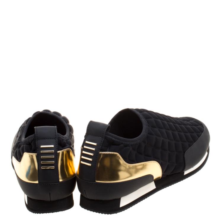 Pre Owned Balmain Black Quilted Neoprene and Gold Metallic Leather Maya Slip On Sneakers Size 40