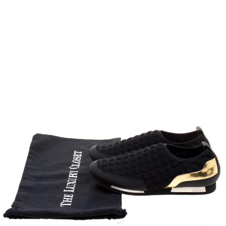 Pre Owned Balmain Black Quilted Neoprene and Gold Metallic Leather Maya Slip On Sneakers Size 40