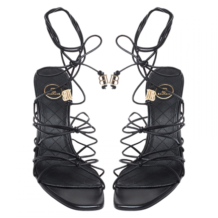 Pre Owned Balmain Black Leather Mikki Strappy Ankle Wrap Sandals Size 38