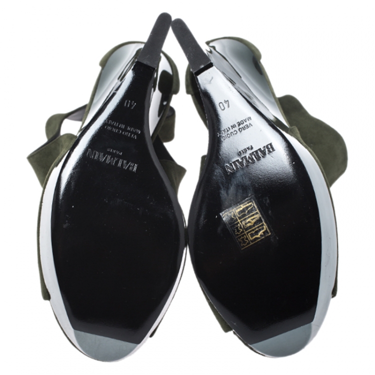 Pre Owned Balmain Green Suede Amaya Cutout Platform Sandals Size 40