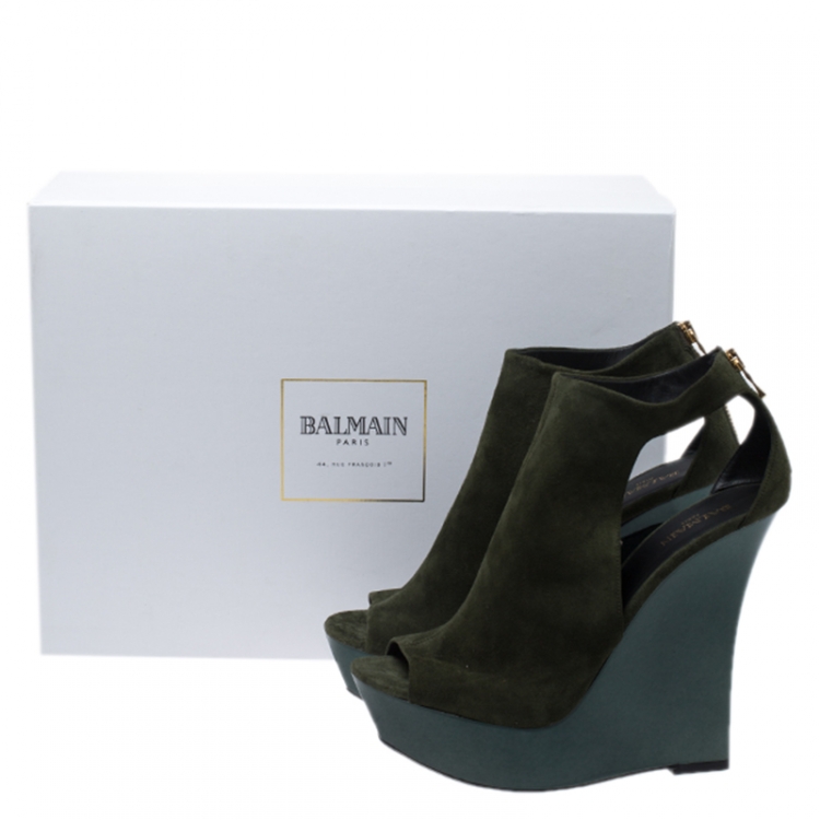 Pre Owned Balmain Green Suede Amaya Cutout Platform Sandals Size 40