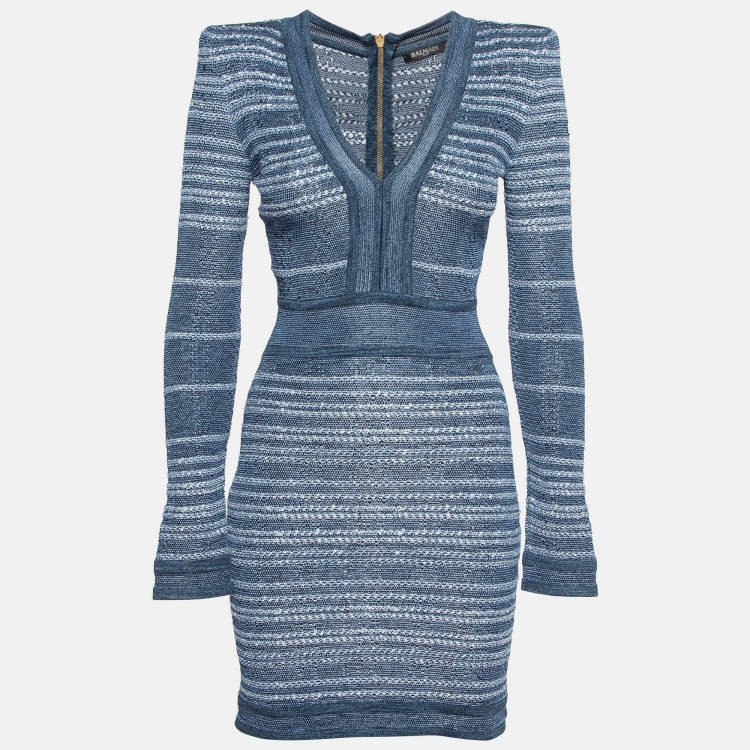 Pre Owned Balmain Blue Stretch Tweed Mini Bodycon Dress S