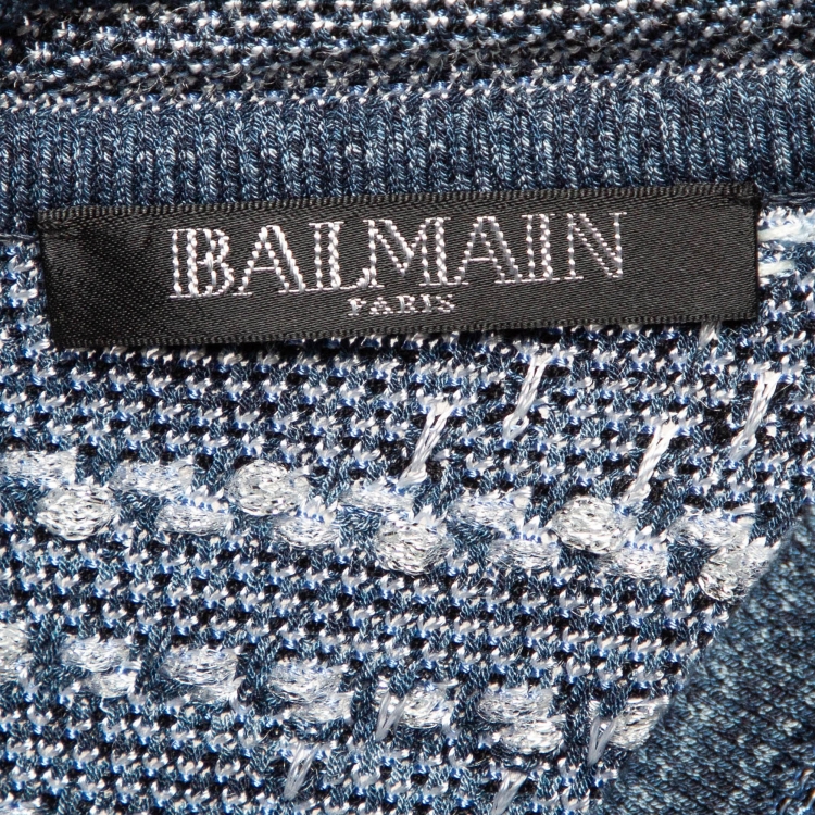 Pre Owned Balmain Blue Stretch Tweed Mini Bodycon Dress S