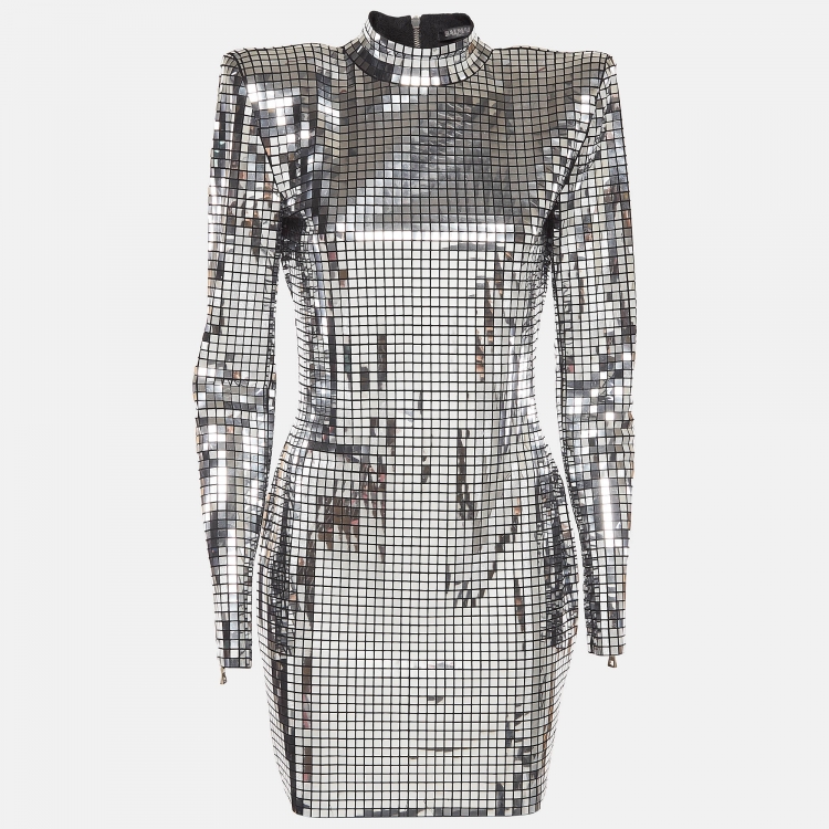 مملوكة مسبقًا Balmain Silver Jersey Mirror Embellished High Neck Mini Dress M
