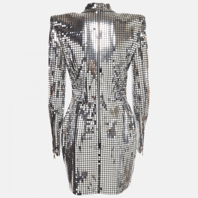 مملوكة مسبقًا Balmain Silver Jersey Mirror Embellished High Neck Mini Dress M
